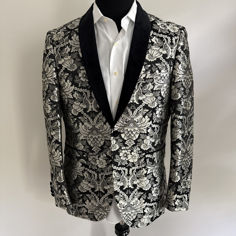 Kilburne Finch Formal Wear Floral Tuxedo Jacket Size 42R Silver Black